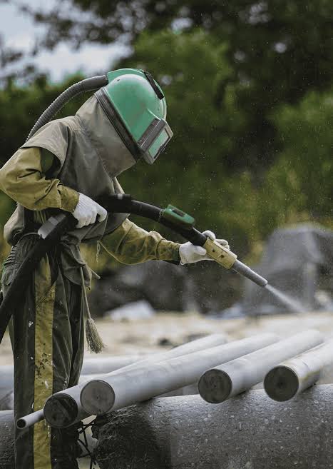 Operario realizando trabajos de sandblasting y recubrimiento